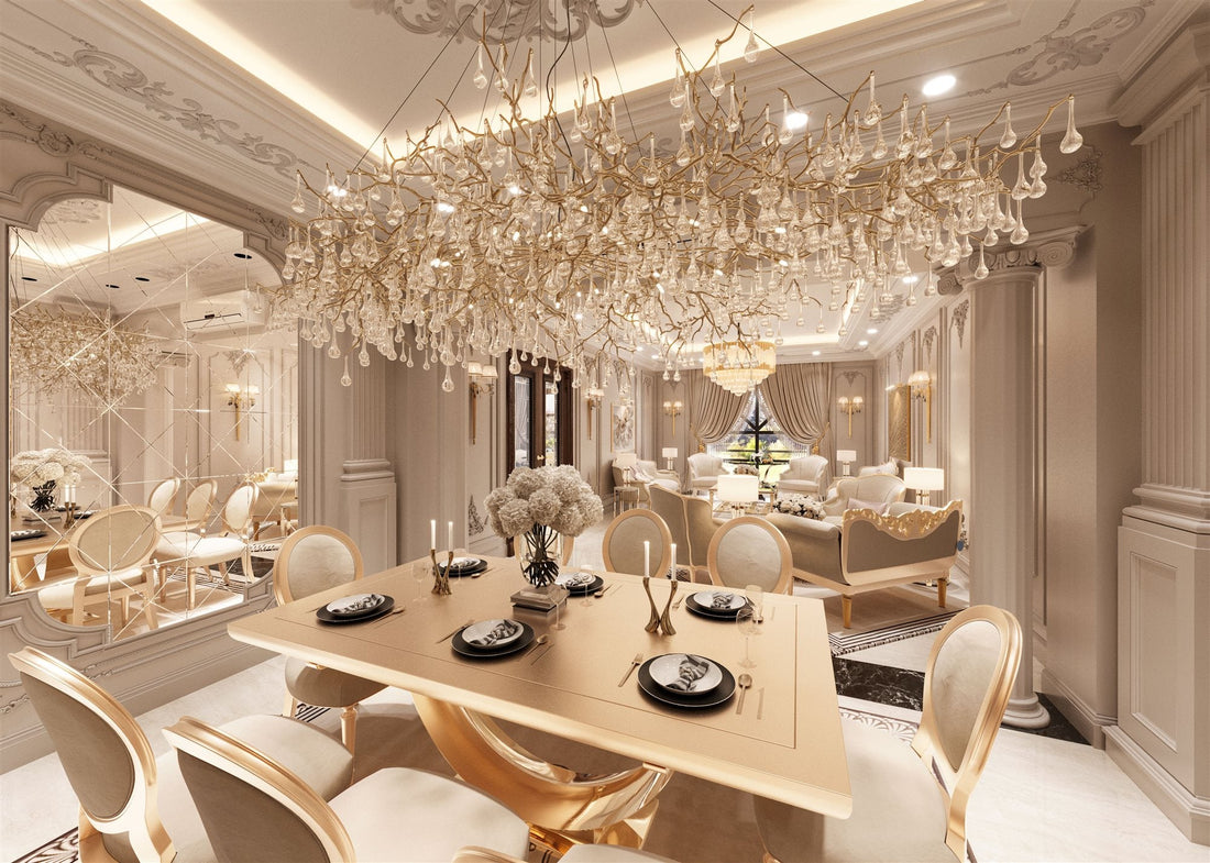 Elegant dining room with a sculptural brass and glass chandelier illuminating a marble table, an example of layered luxury lighting