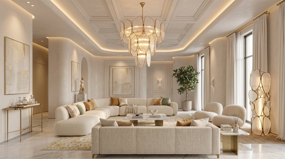Bright, minimal luxury living room with sculptural statement lighting and warm amber tones
